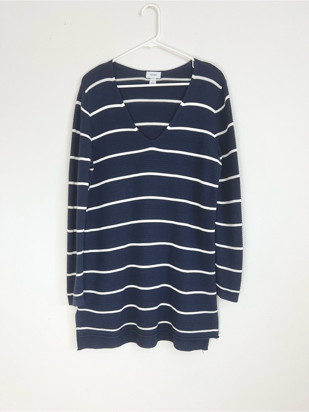 Old Navy Nautical Navy Stripe Knit Tunic Sweater V Neck Coastal Fisherman Large